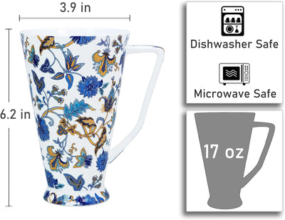 Taza de café alta de porcelana de hueso con flores apta para lavavajillas y microondas
