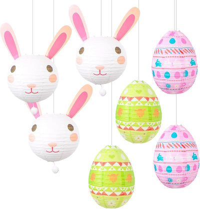 Juego linternas papel Pascua 3 conejitos 10pulg y 4 huevos 12pulg