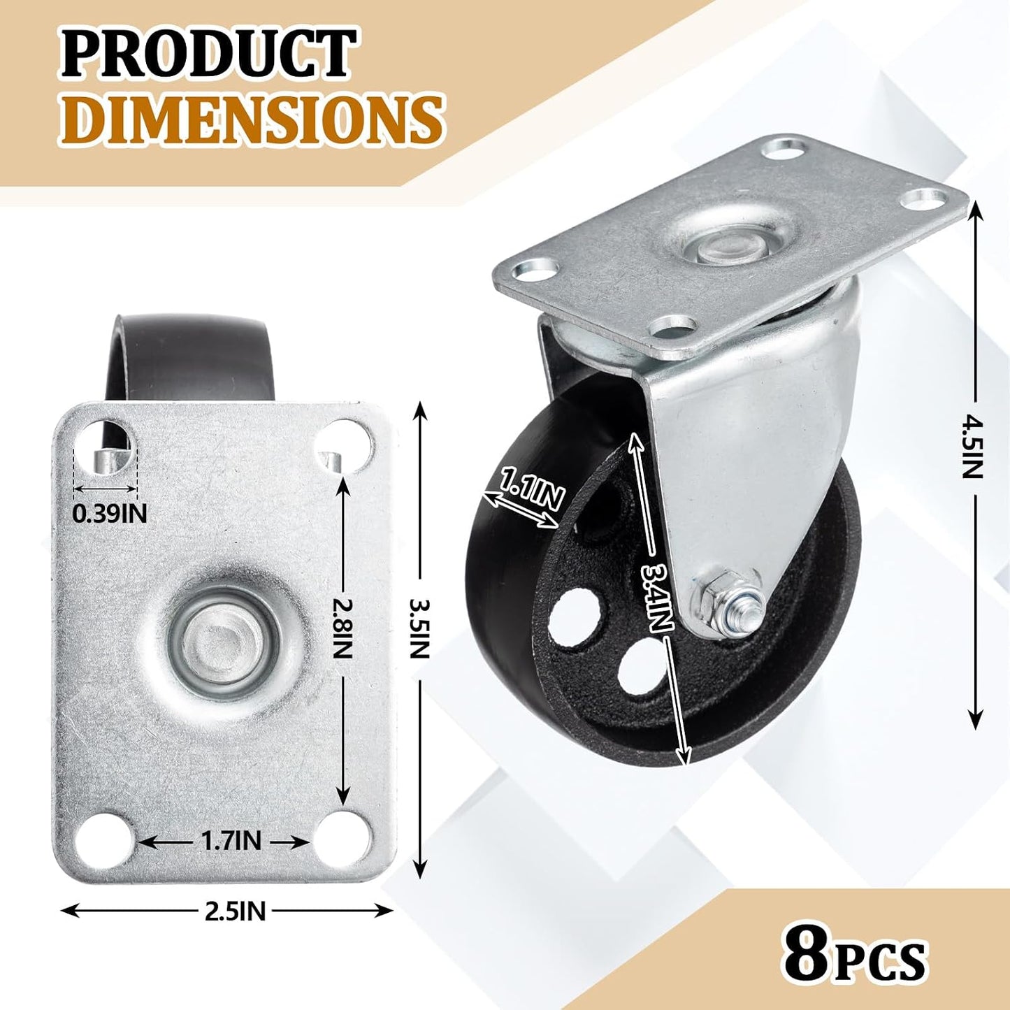 Set 8 Ruedas Acero 3.5pulg 1590lb Giratorias 360 Grados