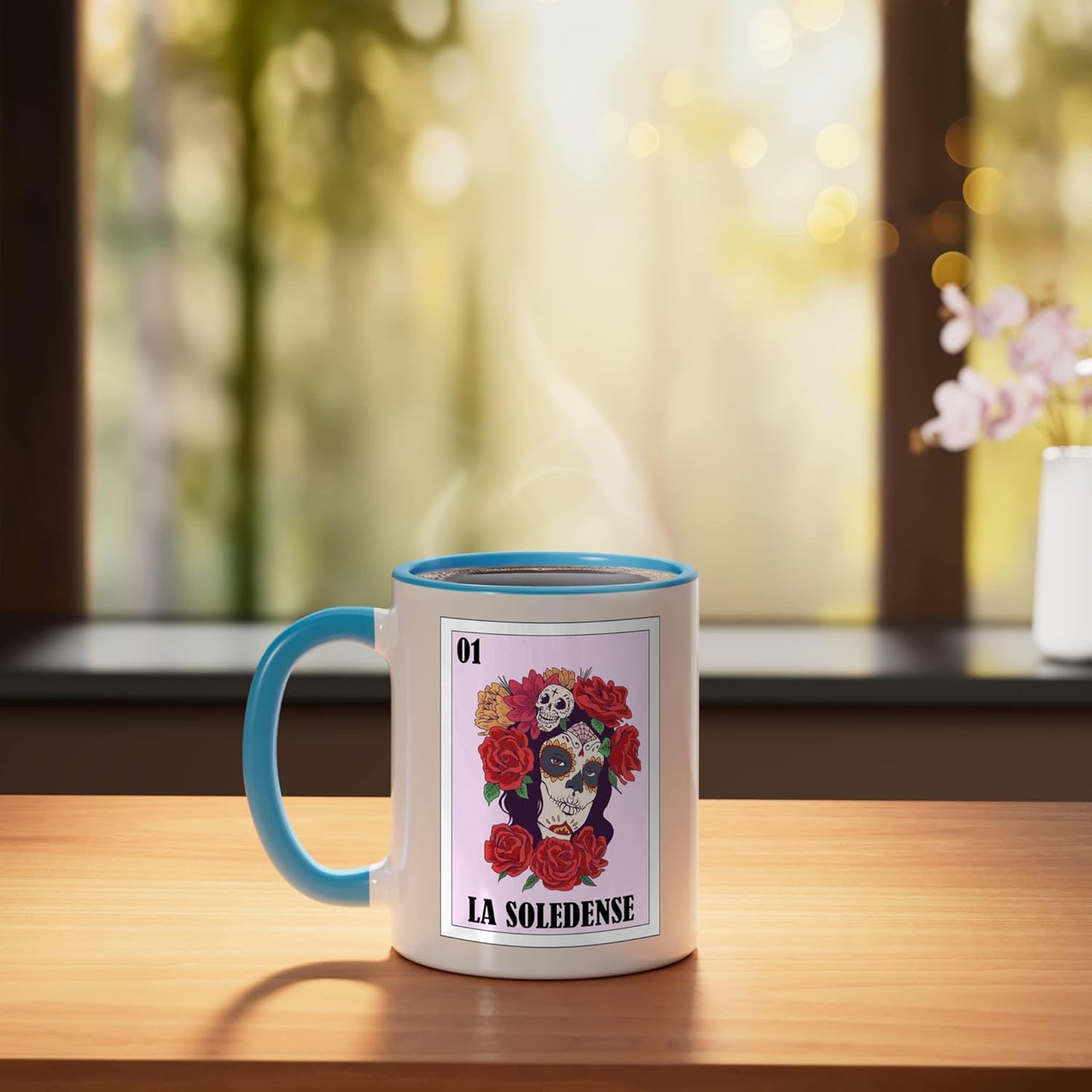 Taza cerámica Funny Soledad de Graciano Sánchez México azul/blanco