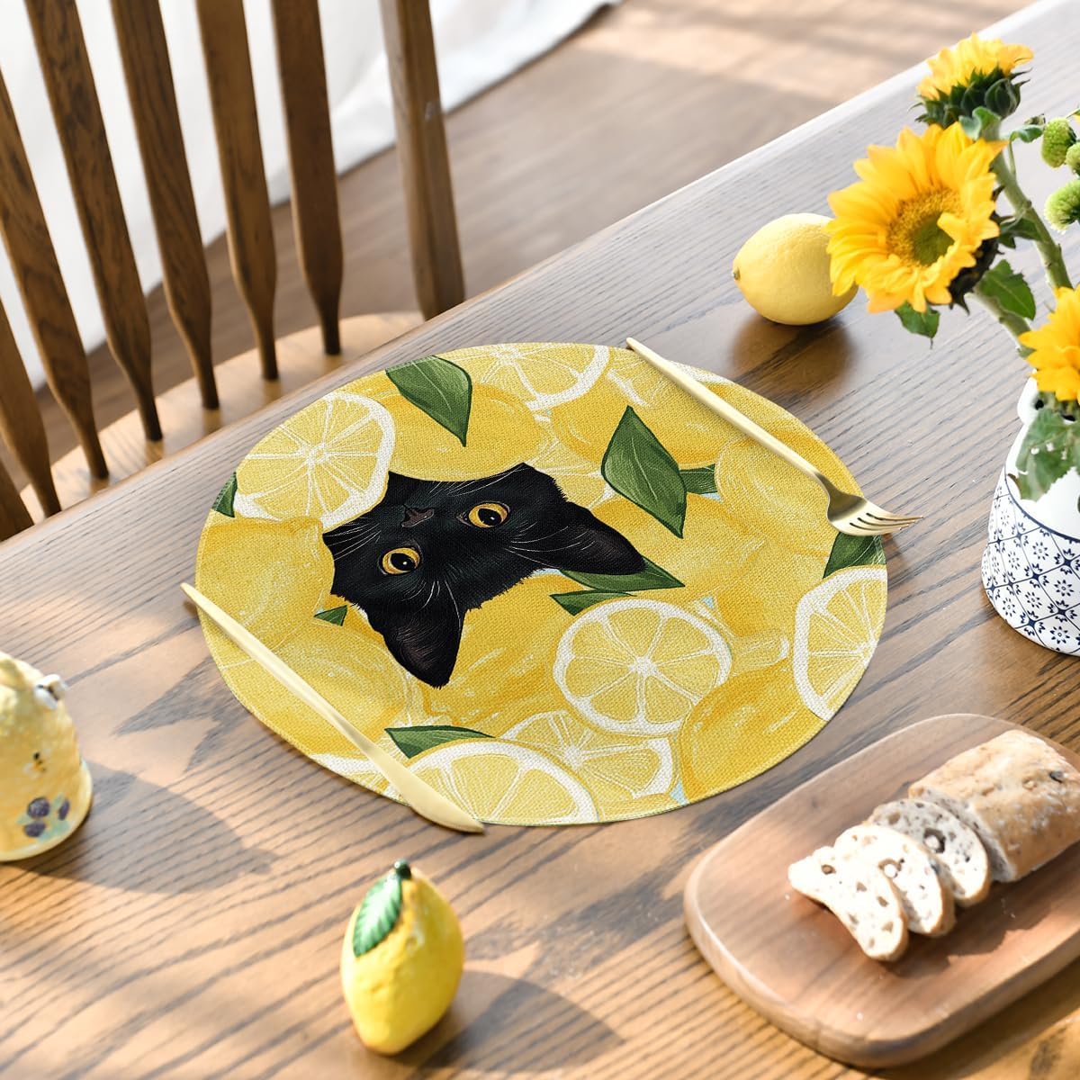Set 4 manteles redondos verano gato negro limón 14pulg