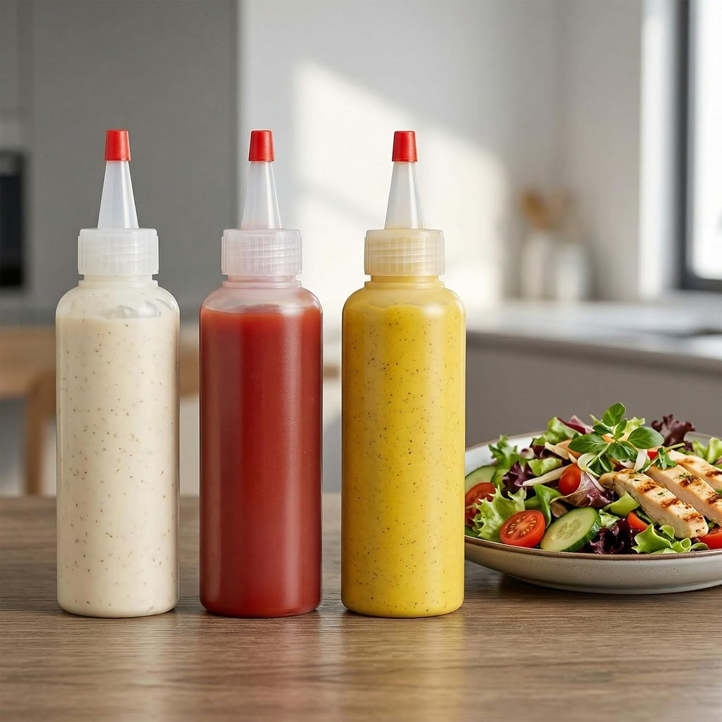 5 Botellas Plástico para Condimentos 4oz Tapa Roja Giratoria