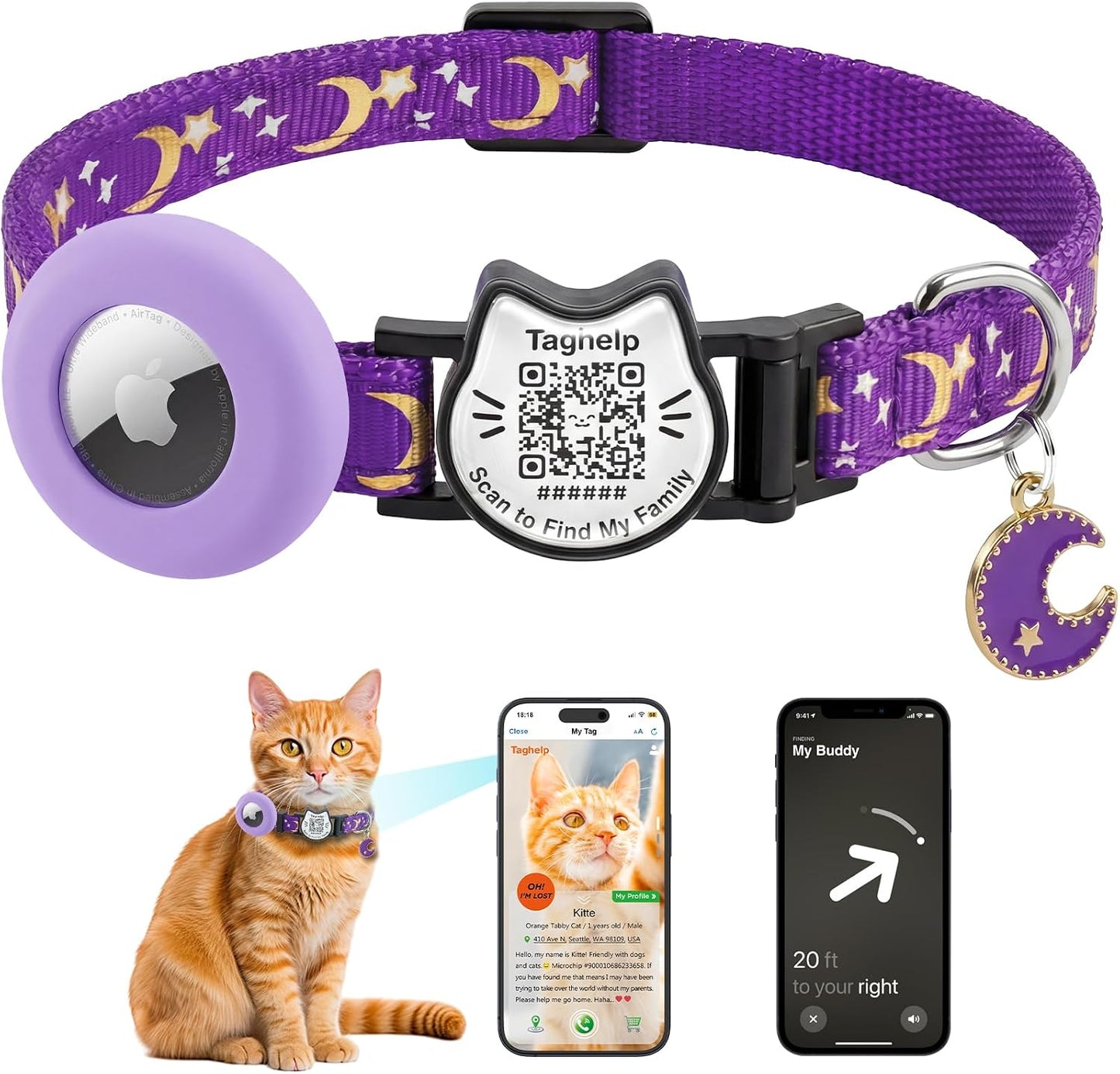Collar seguridad gato con QR AirTag brilla morado