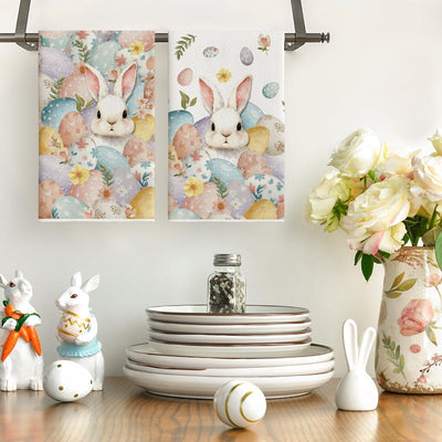 Juego de 2 toallas de cocina con diseño de huevos de conejo y flores para Pascua