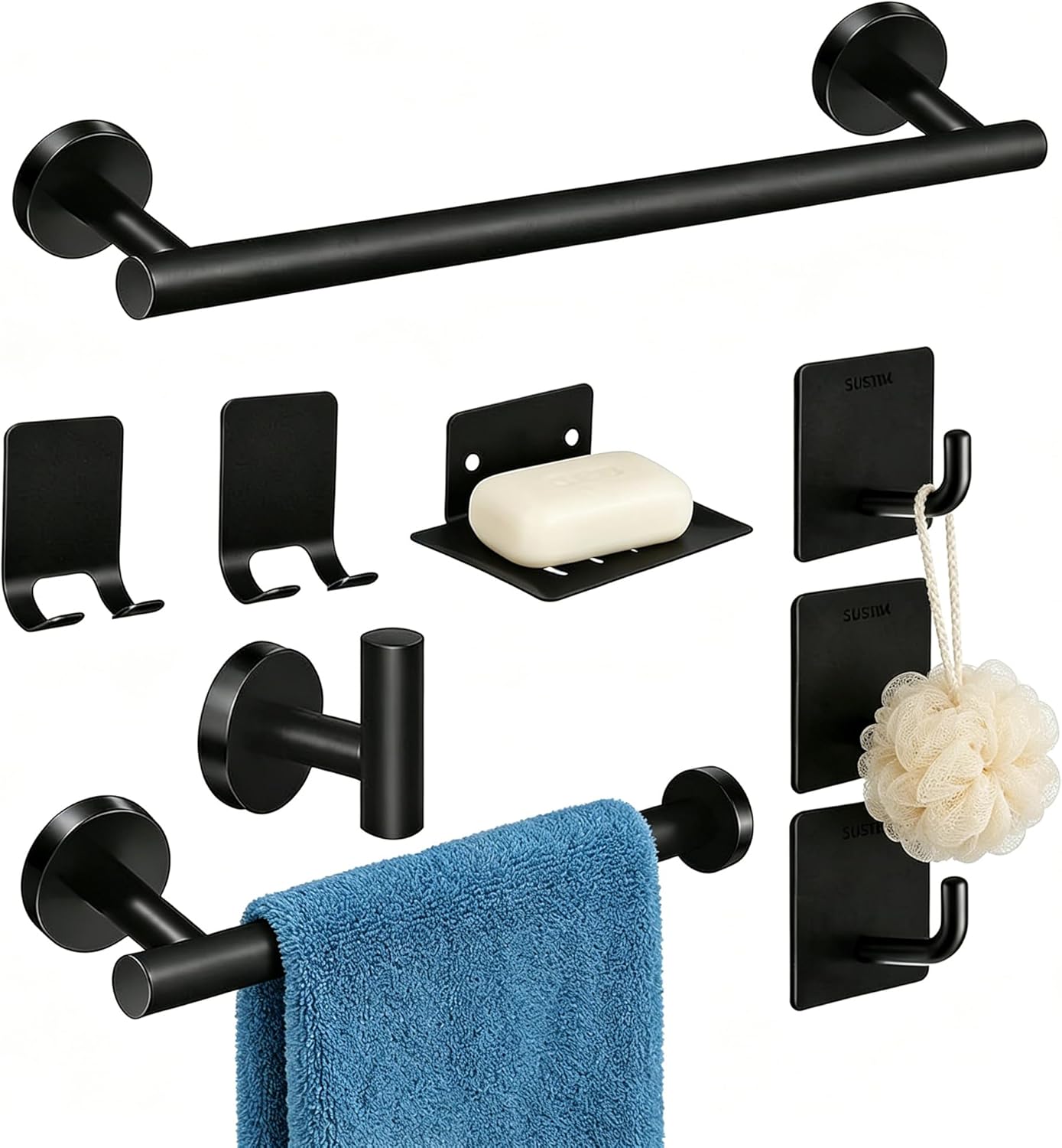 Set 9 accesorios baño negro mate acero inox 16pulg