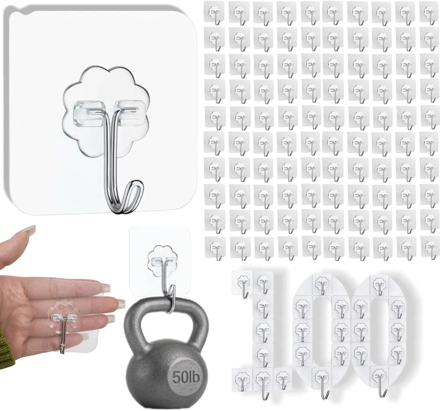 100 Ganchos Autoadhesivos 50lb Reutilizables para Cocina Oficina