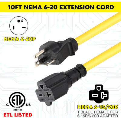 Cable extensión Nema 6-20p a 6-20r/6-15r 3m 20A