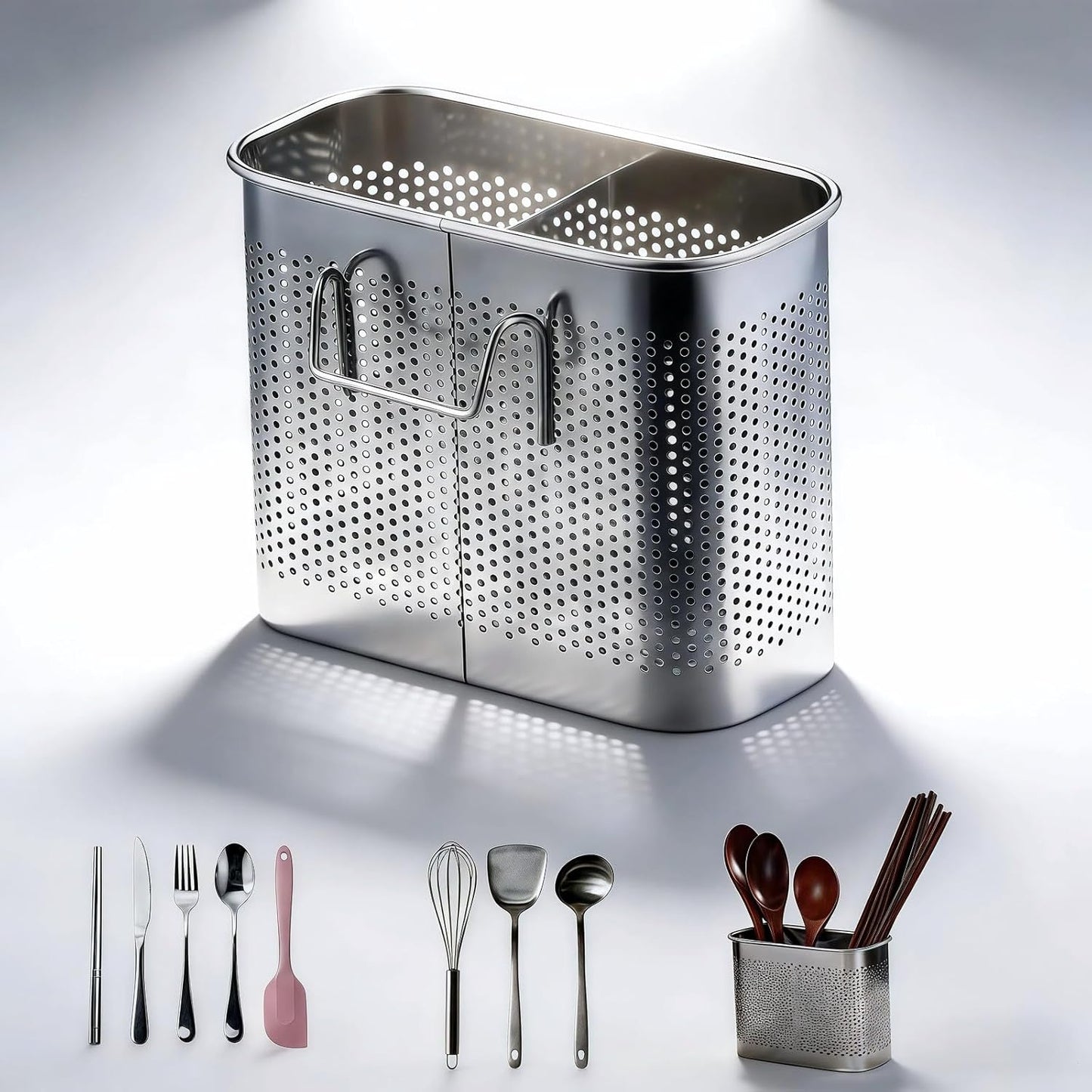 Soporte utensilios cocina acero inoxidable con ganchos escurridor resistente