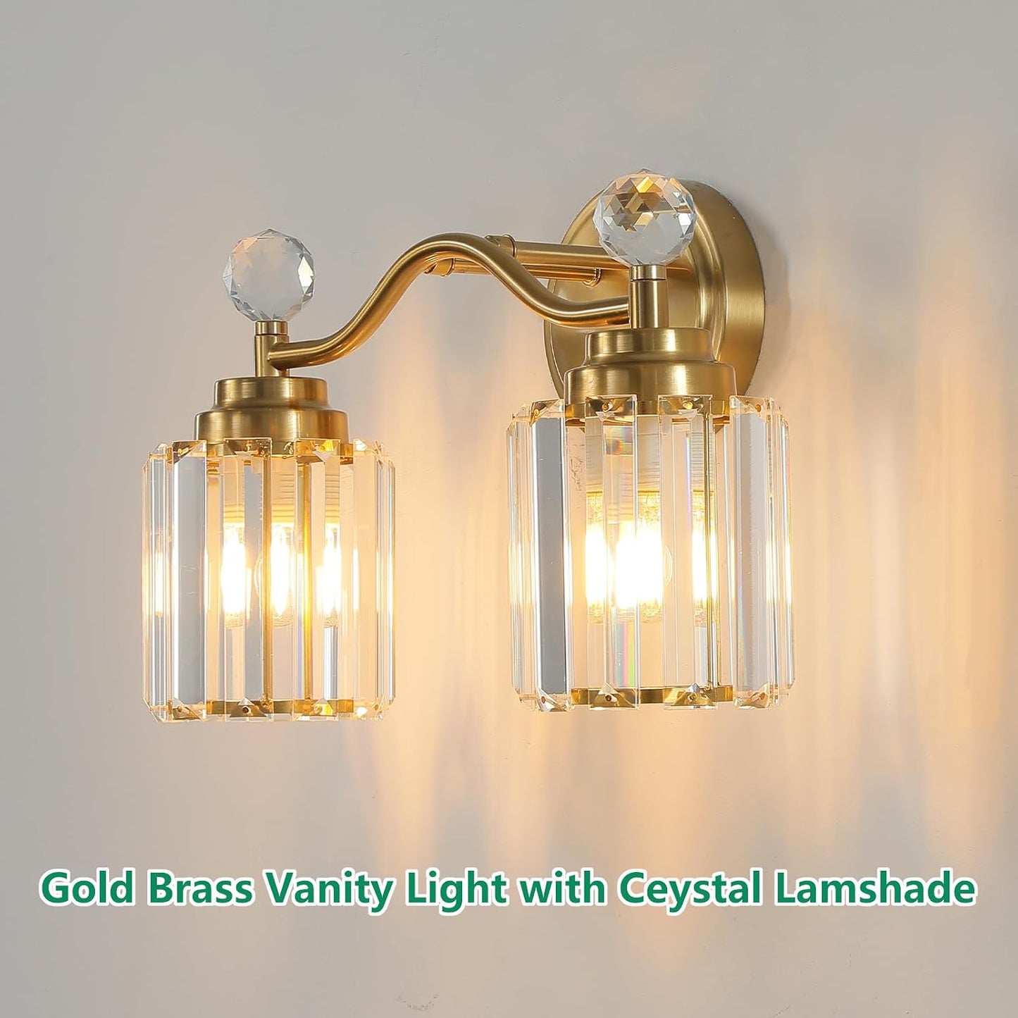 Lámpara tocador latón dorado 2 luces pantalla cristal E26