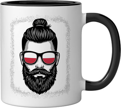 Taza cerámica para viaje con bandera de Polonia y barba estilo man bun