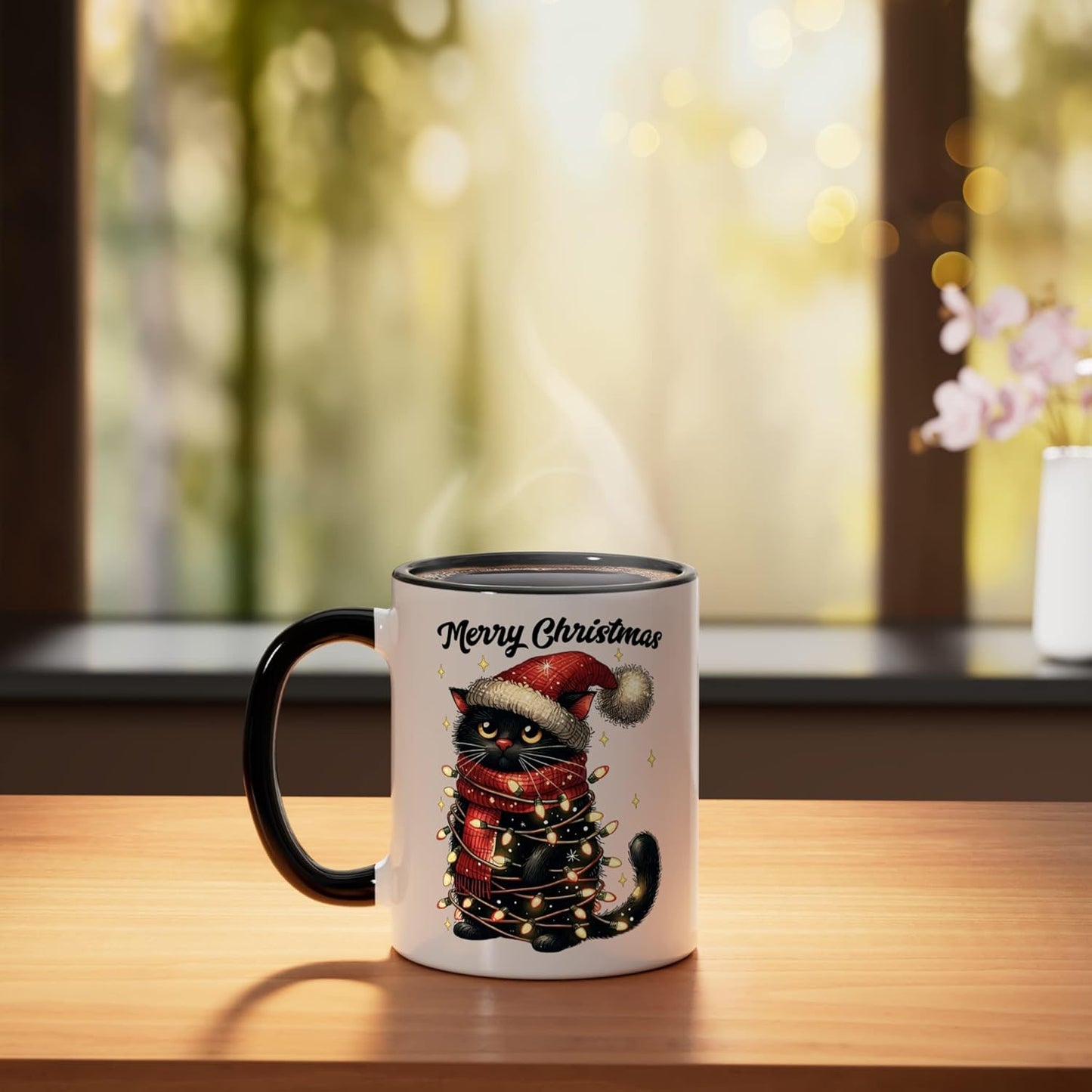 Taza de cerámica navideña con gato y sombrero de santa