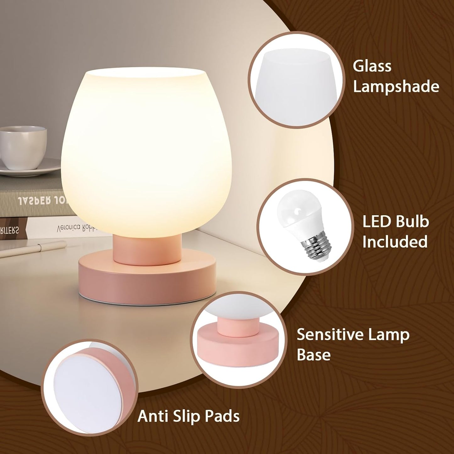Lámpara mesa táctil rosa pantalla vidrio regulable 3 vías