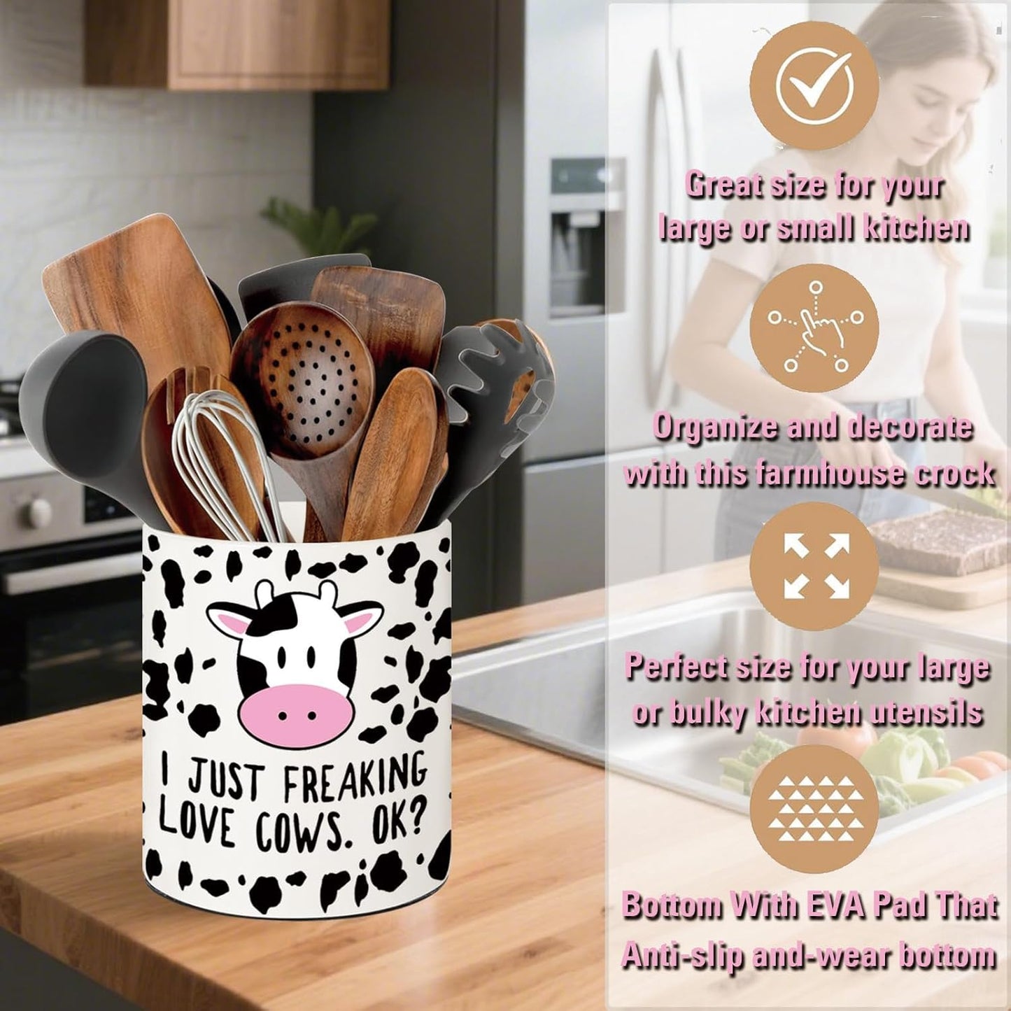 Decoración de cocina con soporte de utensilios de cerámica de 6.5 pulgadas y diseño de vaca estilo rústico