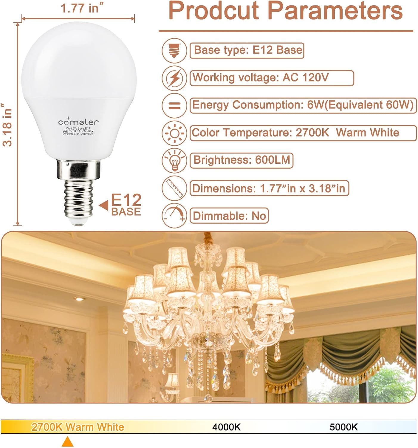 Pack 12 Bombillas LED E12 Blancas Caldas 2700K Equiv 60W