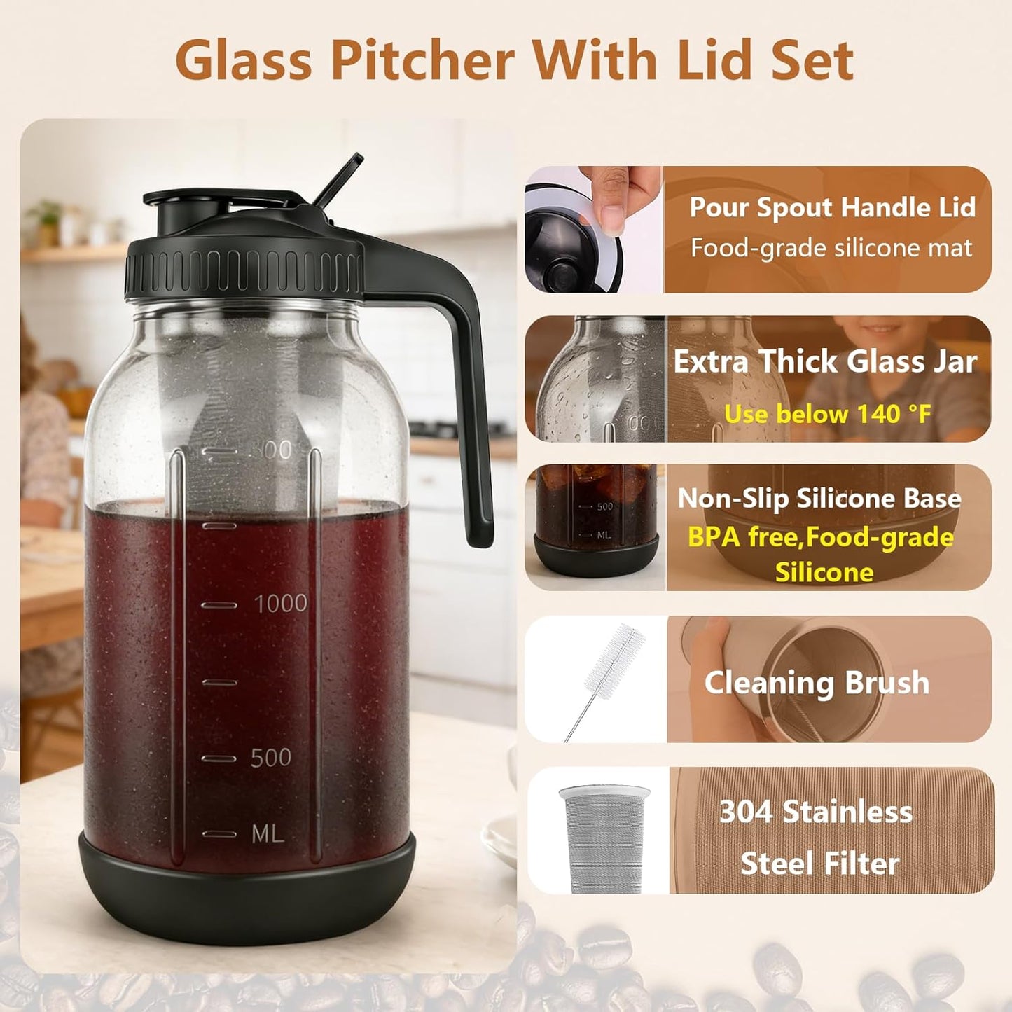 Cafetera frío jarra Mason con filtro de acero inoxidable 64 oz negro