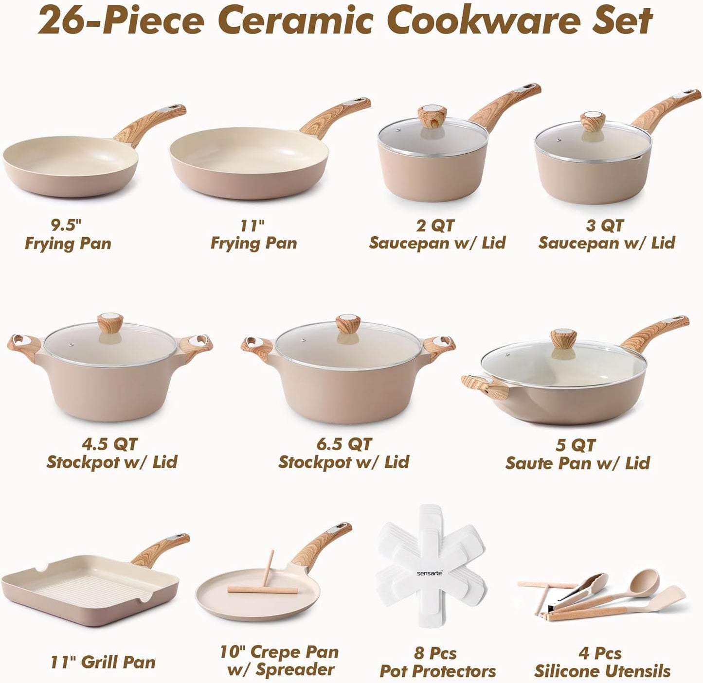 Juego 26 utensilios cocina cerámica sartenes cacerolas sarten antiadherente 1.5 cuartos galon con tapa olla induccion