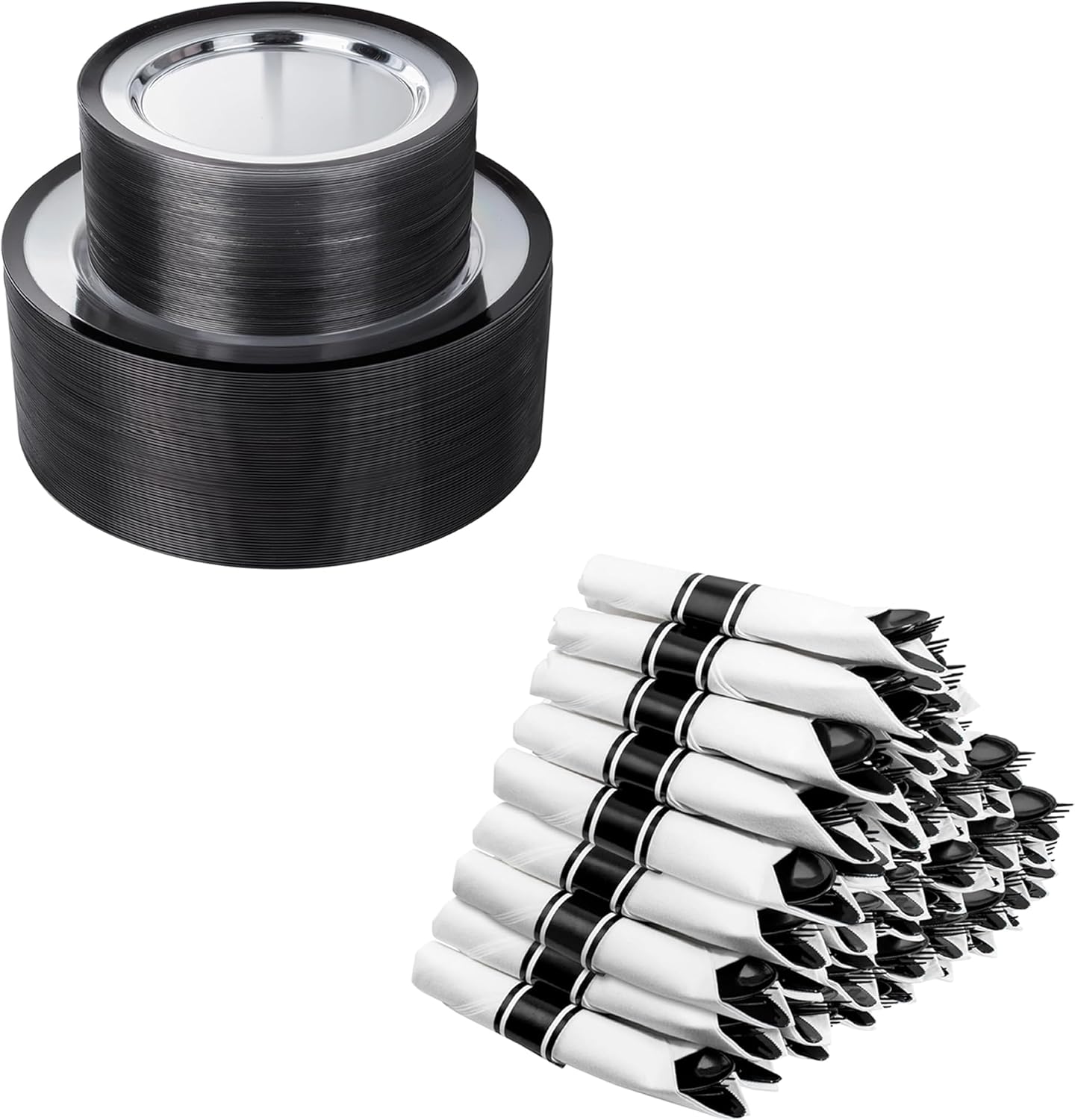 Set 180 platos plásticos negros con cubiertos durables