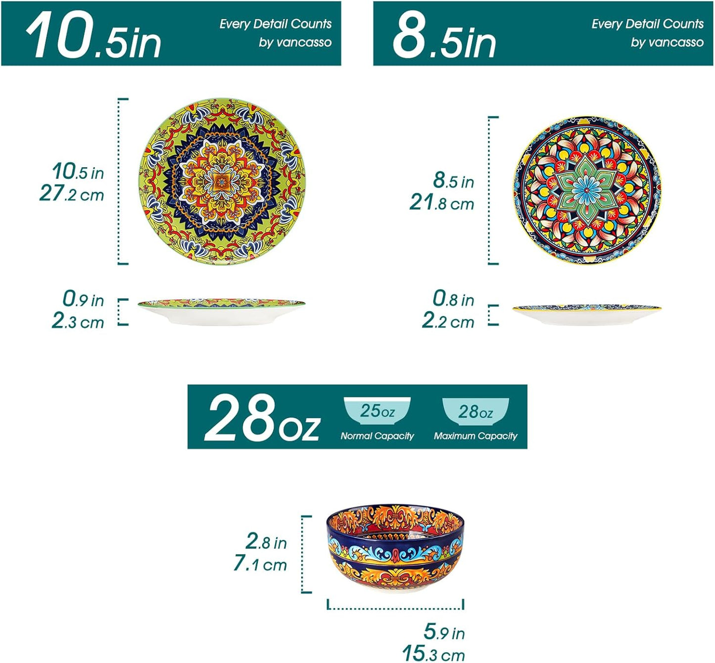 Set 12 Platos Cerámica 10.5pulg Coloridos para Cena