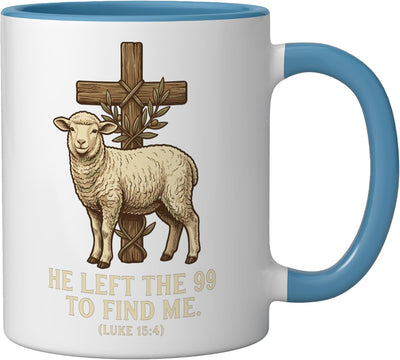 Taza cerámica cristiana He Left The 99 para encontrarme Luke 15:4 azul/blanco