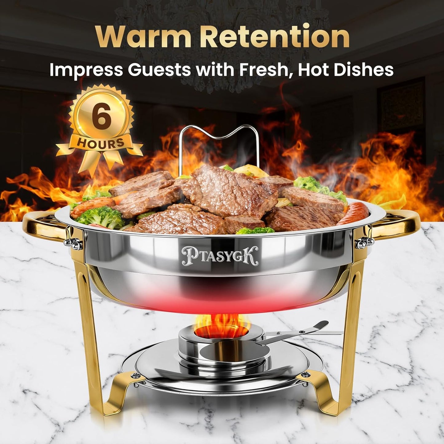 Calentador Alimentos Redondo Acero Inox Dorado Set 4 Apilable