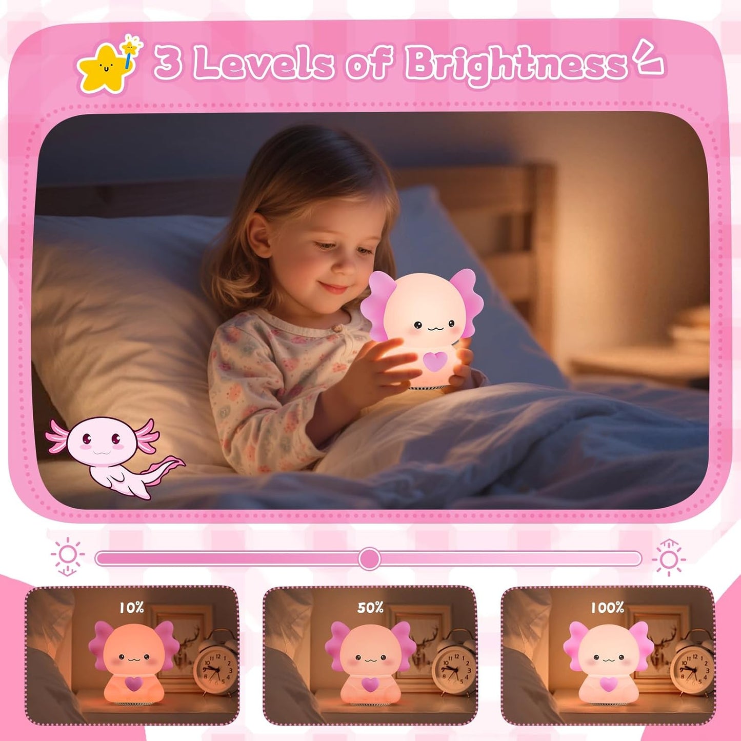 Luz Nocturna Ajolote Rosa 7 Colores con Altavoz Inalámbrico