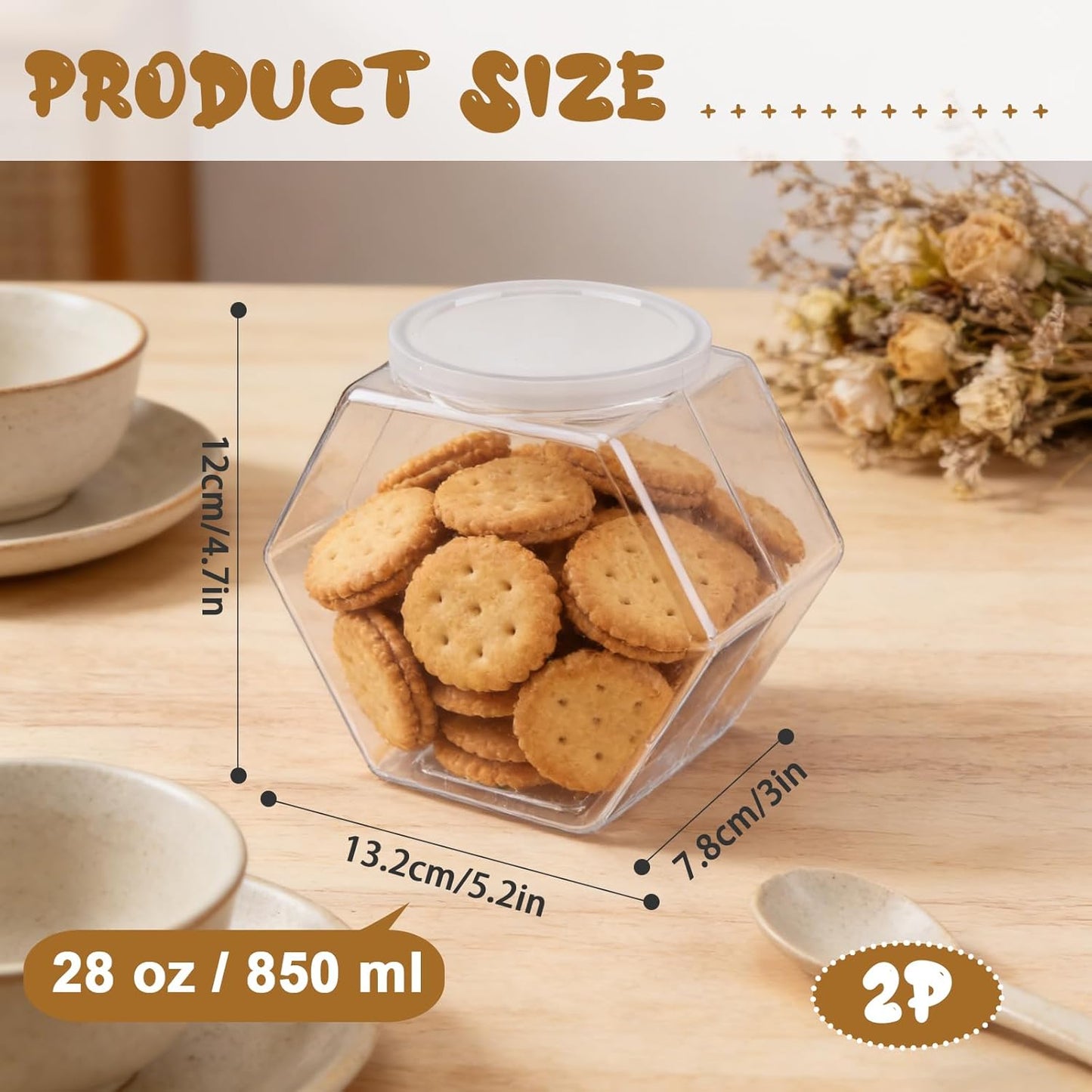 Tarros plásticos hexagonales transparentes de 2 piezas con tapa para aperitivos