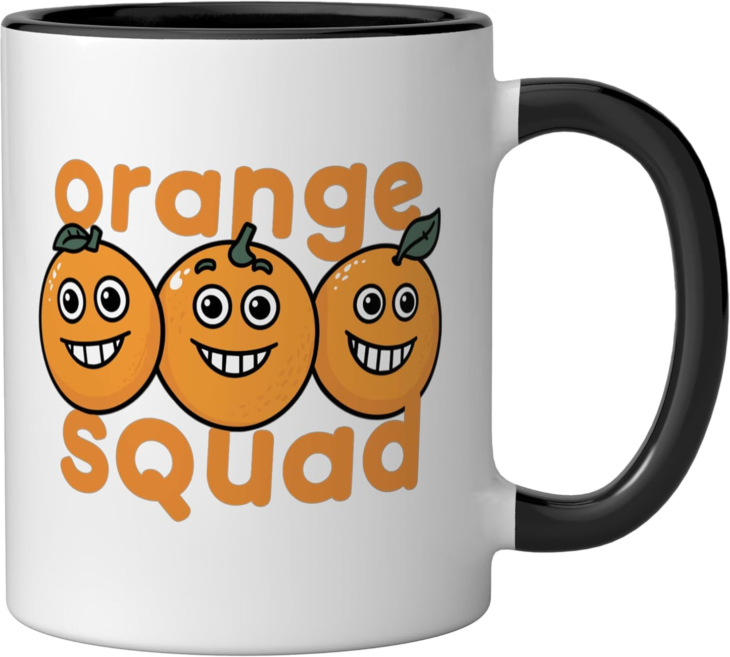 Taza cerámica naranja con frutas en negro y blanco