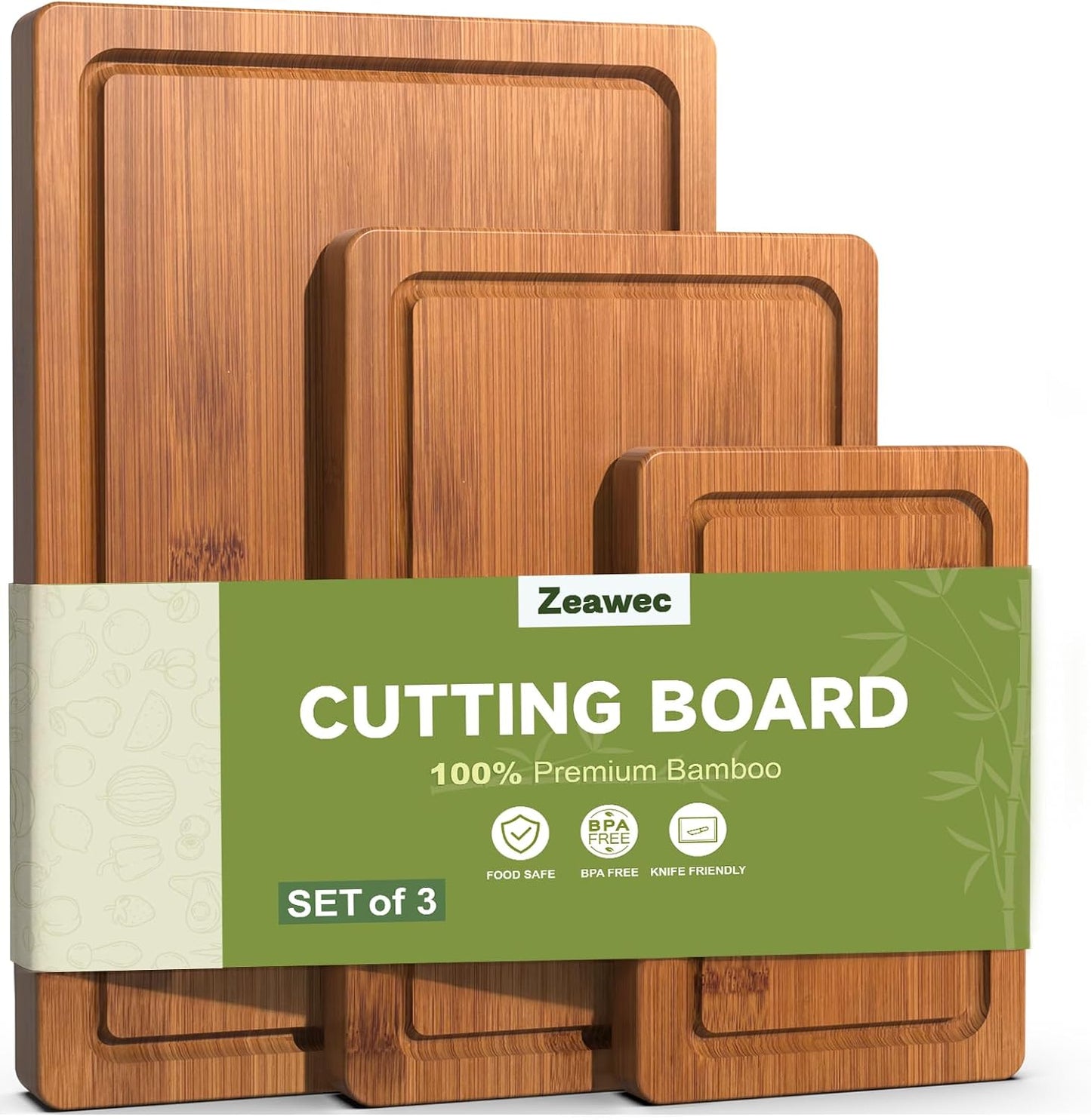 Juego de 3 tablas de cortar de bambú resistentes a grietas con ranuras profundas