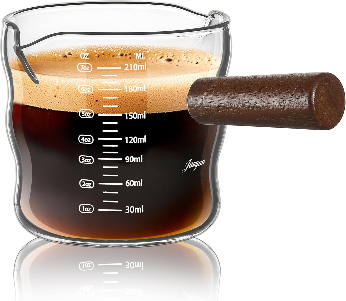 Taza medidora de espresso de 9 oz con doble boquilla y mango de madera