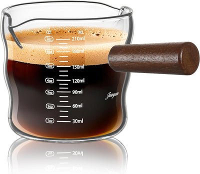Taza medidora de espresso de 9 oz con doble boquilla y mango de madera