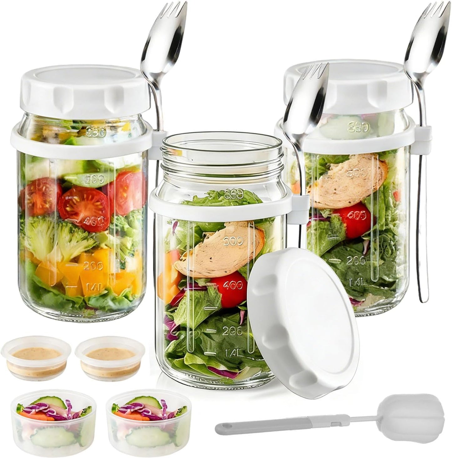 Tarros de ensalada de vidrio 32 oz con tenedores y cepillo a prueba de fugas