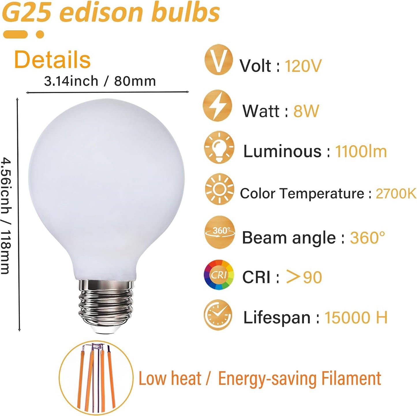 Bombilla LED G25 E26 vintage 8W 1000lm blanco cálido