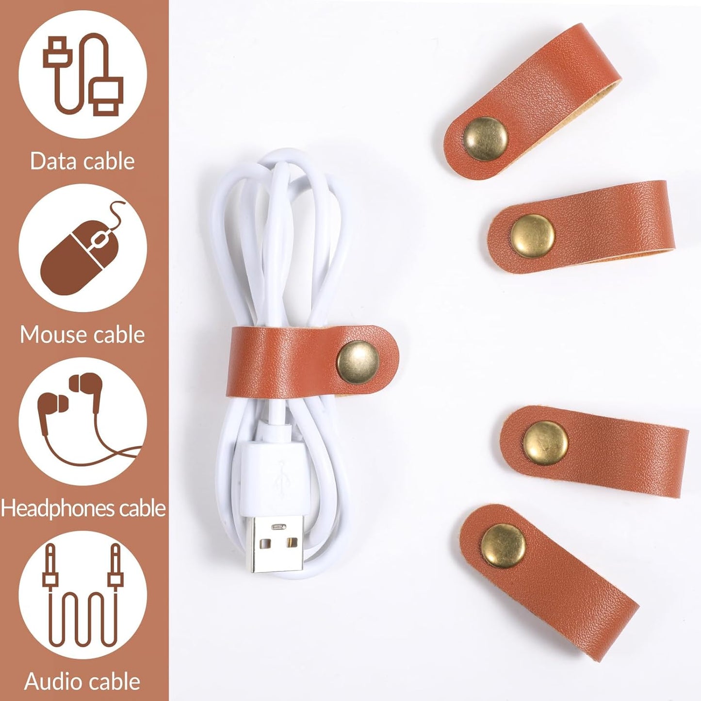 20 Organizadores Cables Cuero Multiusos Marrón 3.5in