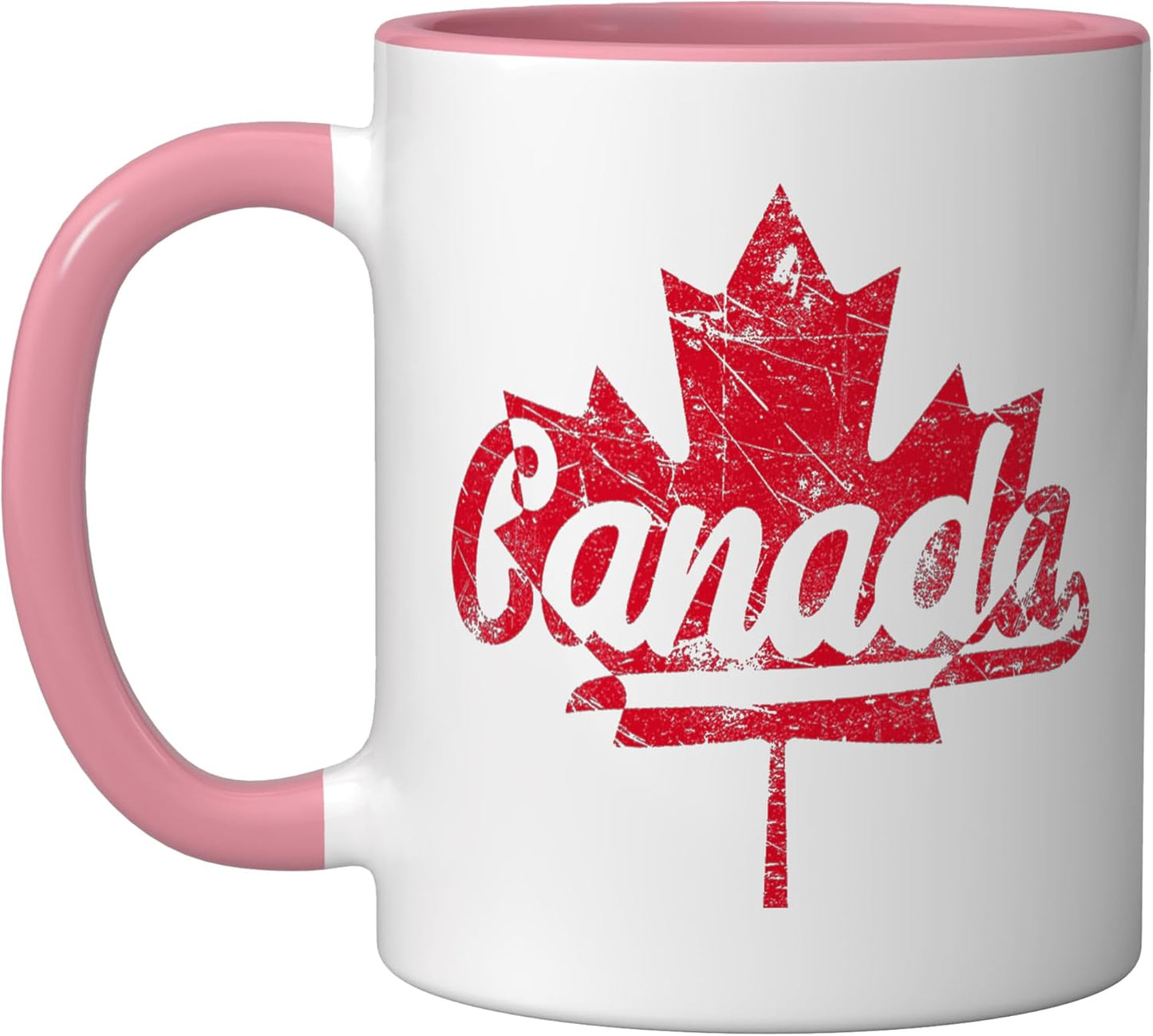 Taza cerámica vintage bandera canadiense hoja de maple rosa/blanca