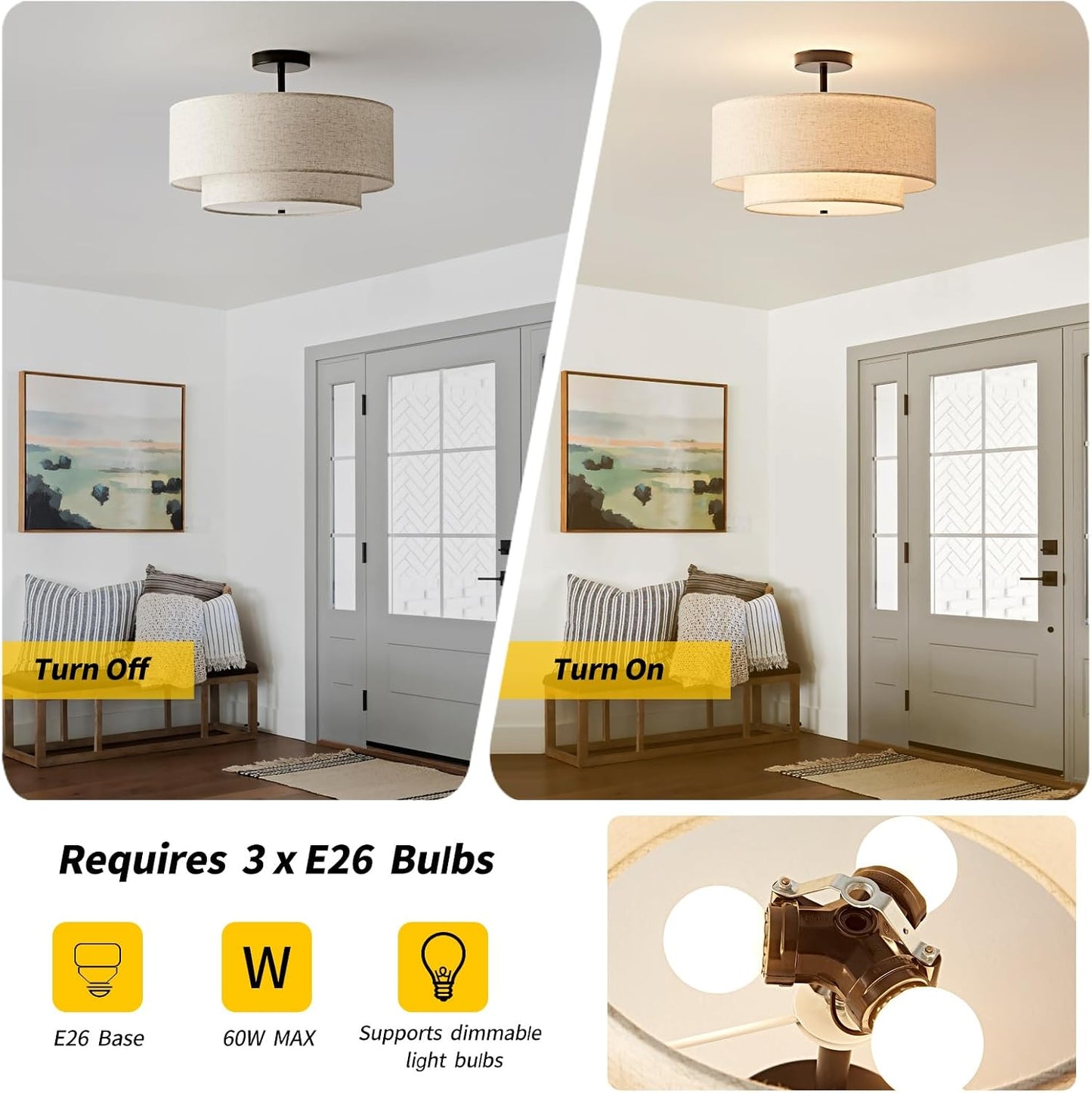 Lámpara techo 16pulg lino 3 luces dormitorio