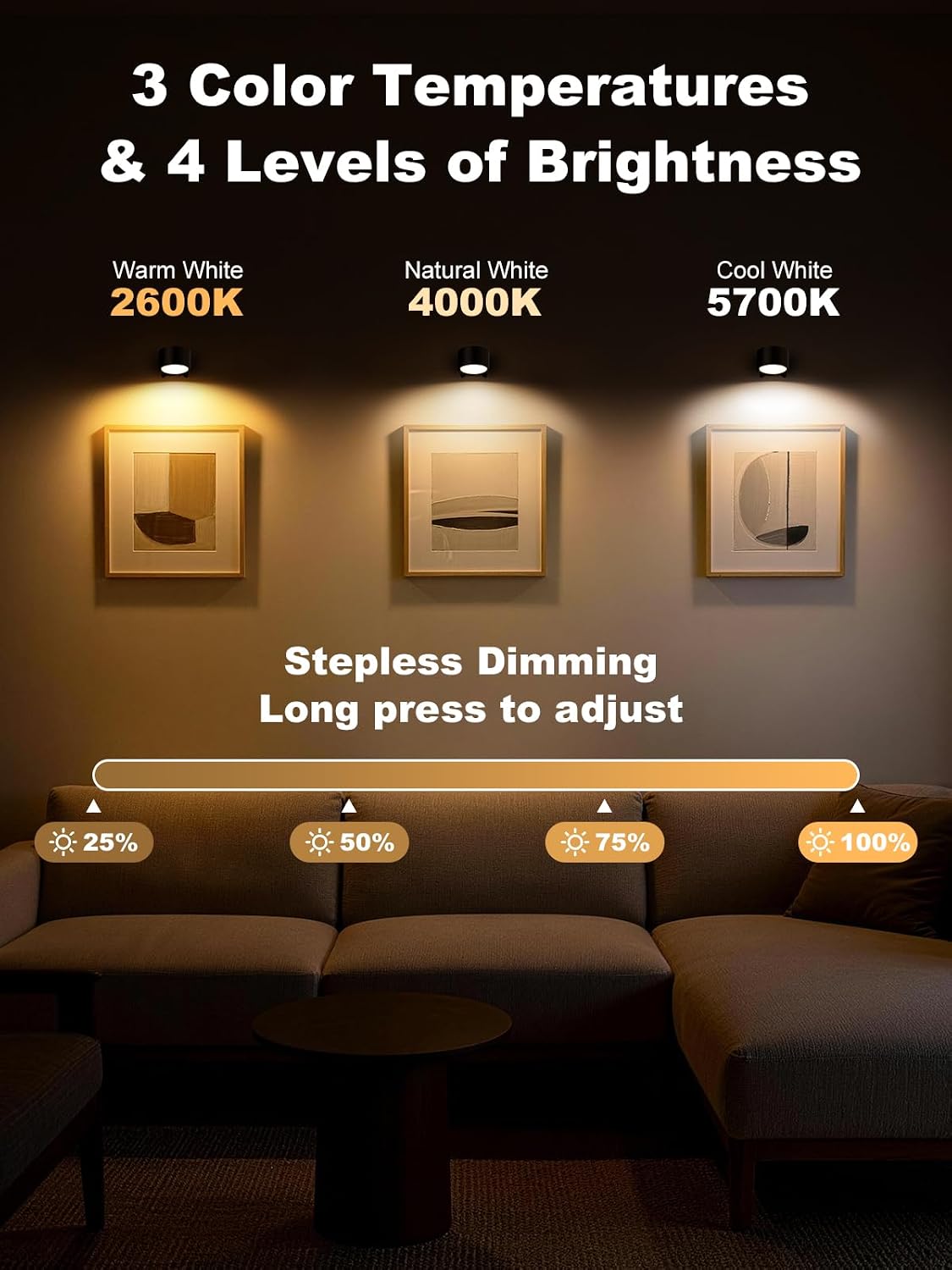 Lámpara pared LED recargable 3 colores 4 brillos rotación 360