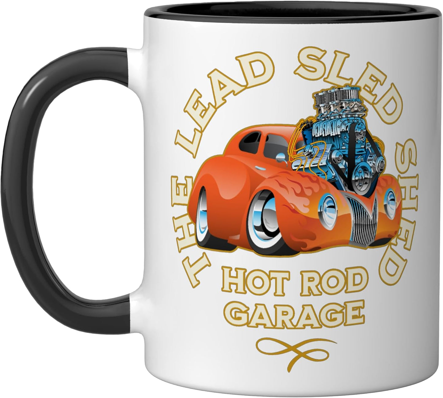 Taza cerámica The Lead Sled Shed Vintage Car Hotrod Garage Cartoon diseño negro/blanco