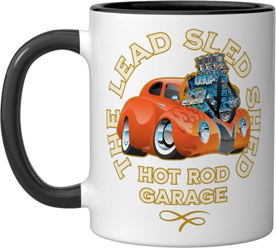 Taza cerámica The Lead Sled Shed Vintage Car Hotrod Garage Cartoon diseño negro/blanco