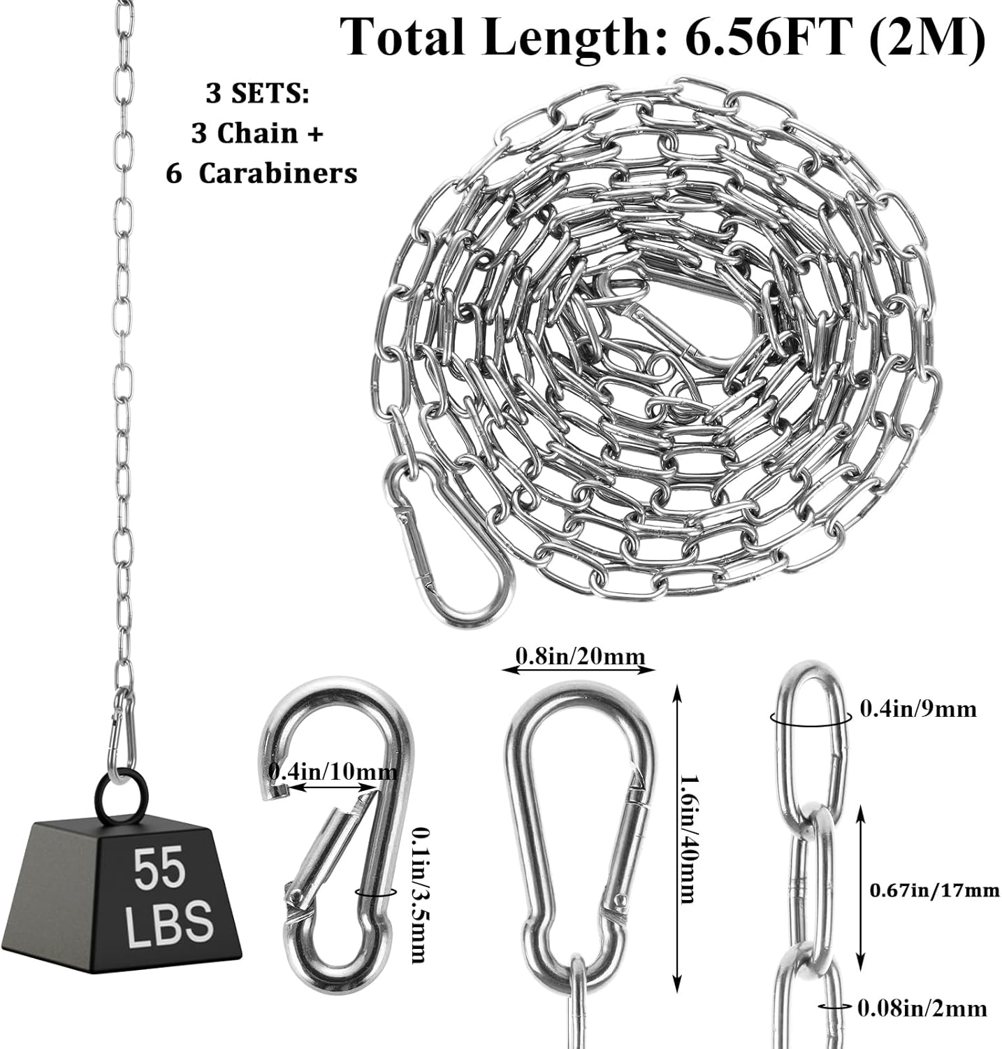 3 Set Cadenas Acero Inox M4 6.56pies 5/64pulg Kit Seguridad Plantas
