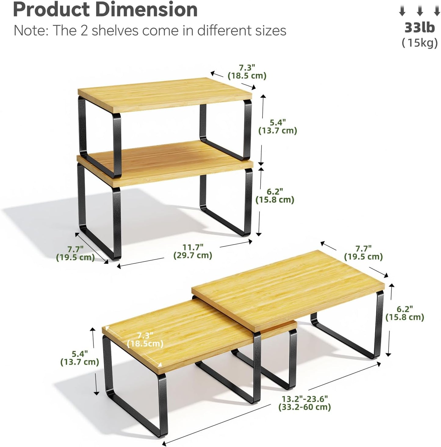 Estante organizador de gabinete de bambú, juego de 2 estantes apilables para cocina en negro y beige