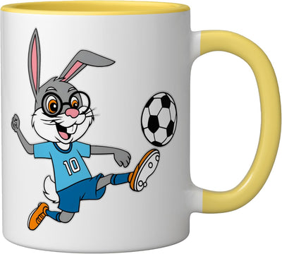 Taza cerámica de Pascua con conejo futbolista amarilla/blanca