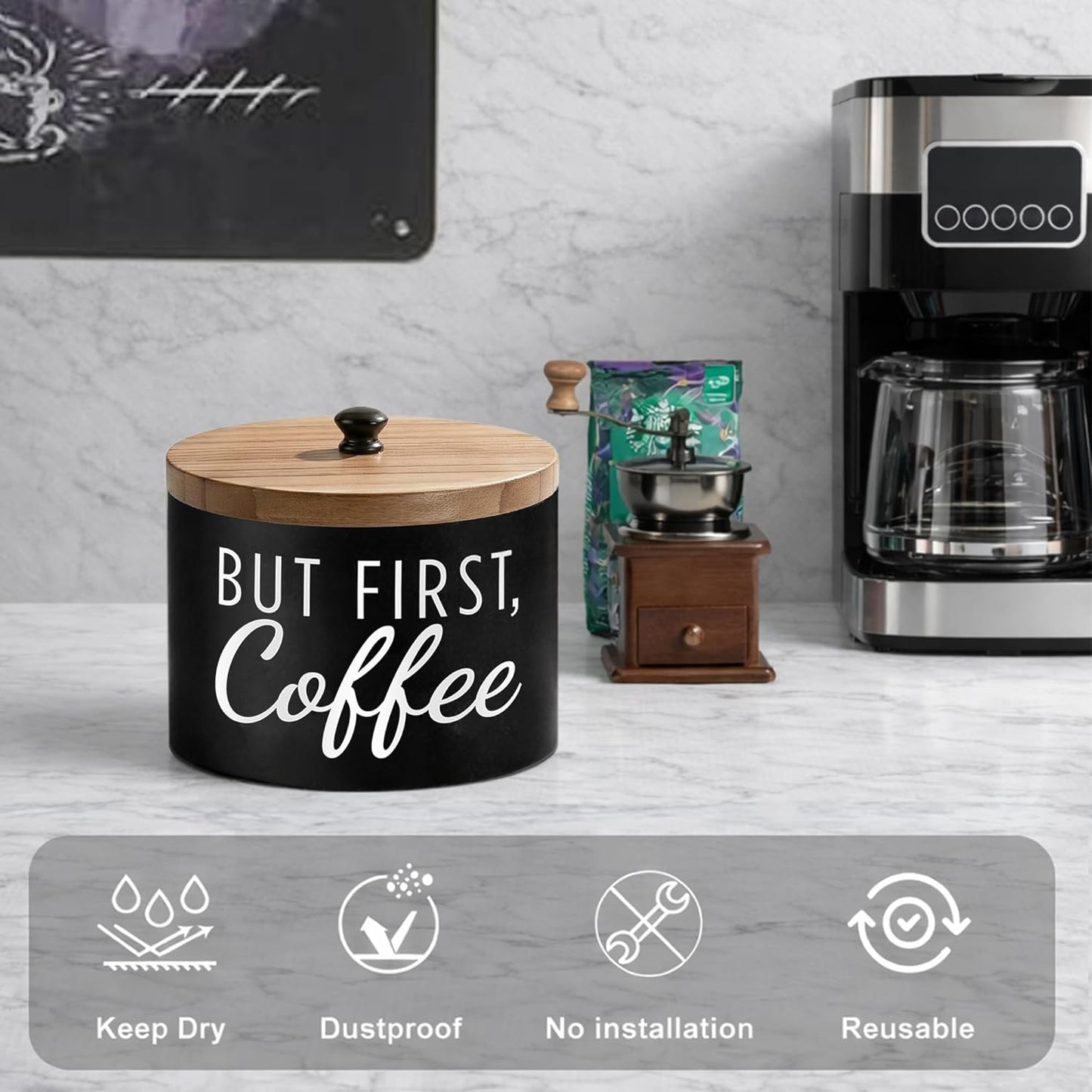 Soporte para filtro de café con tapa de madera ro, organizador para filtros de cesta, cono y fondo plano