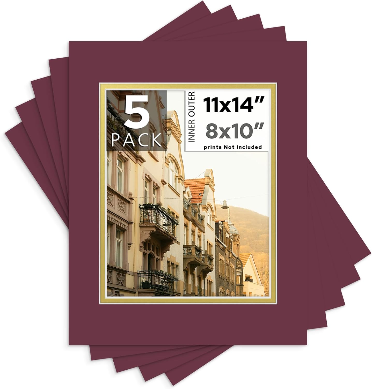Mat Board 11x14pulg 8x10 marco doble 5pzas granate sobre dorado