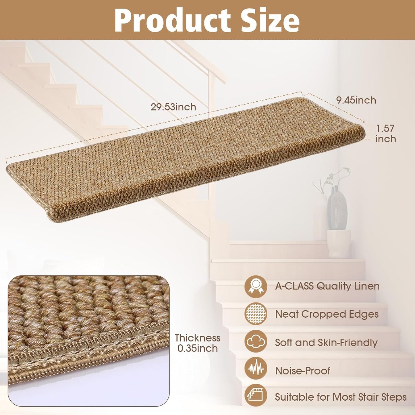 4 Alfombras Antiderrap para Escalones Madera 29.5x9.4pulg Yute