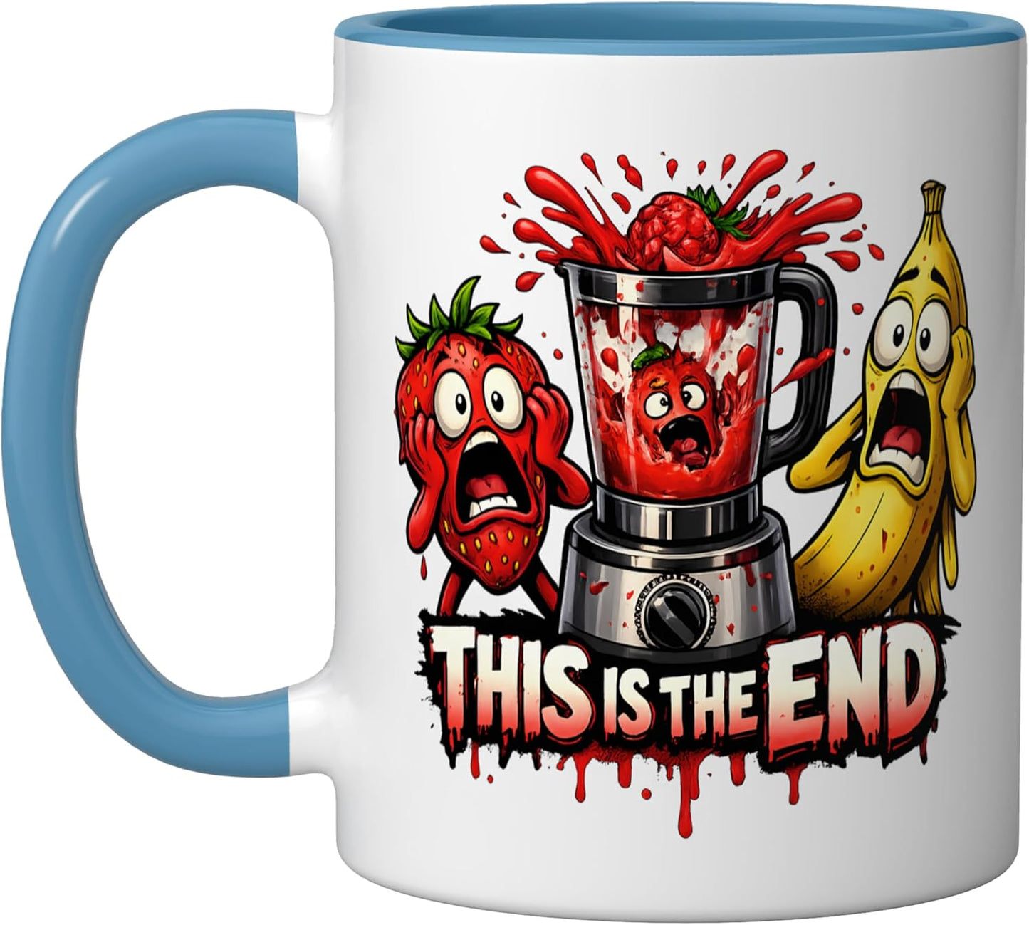 Taza Cerámica Humorística Frutas Panic Cartoon Azul/Blanco