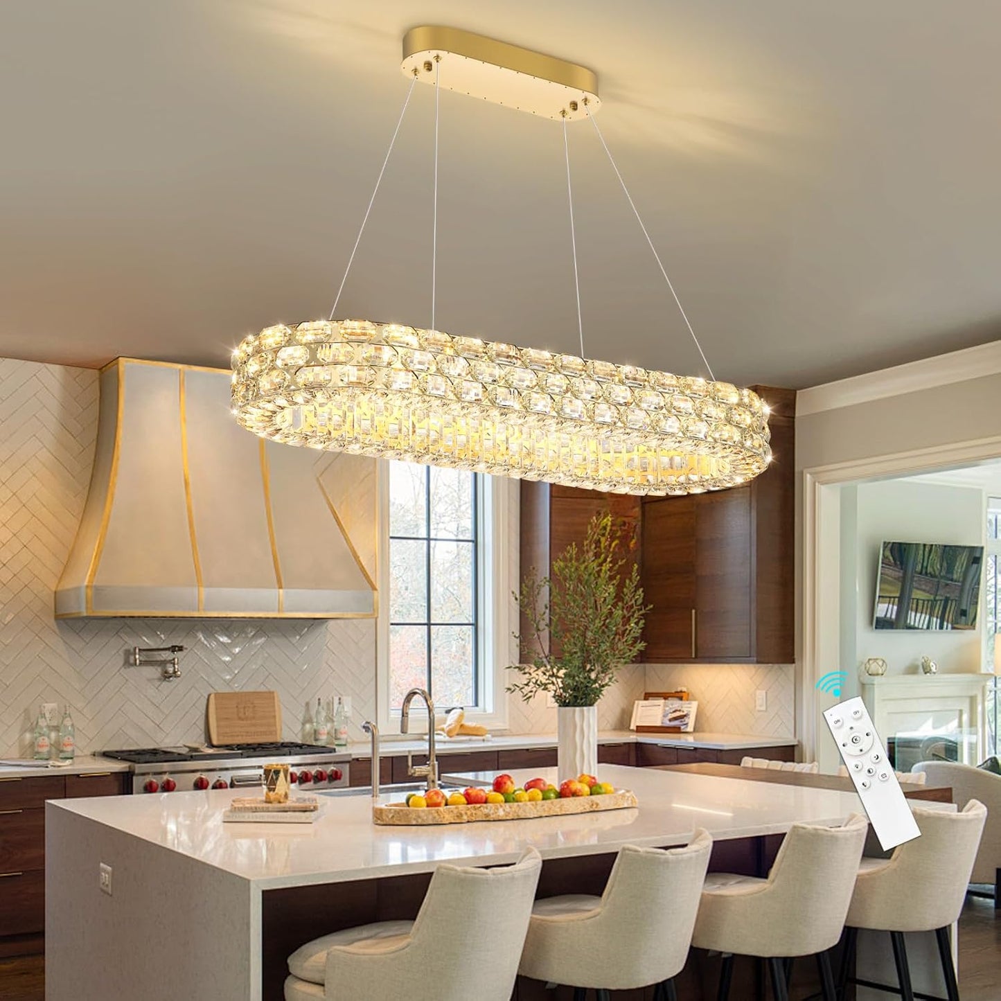 Lámpara de cristal ovalada para comedor y cocina con LED dorado