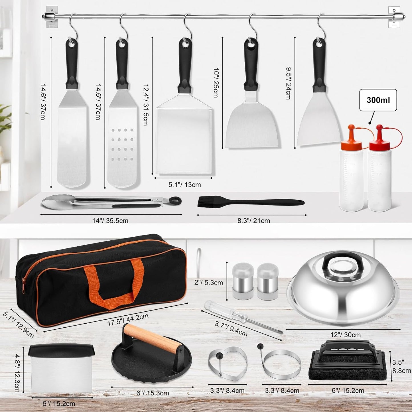 Set 25 accesorios parrilla profesional con espátulas y cubierta