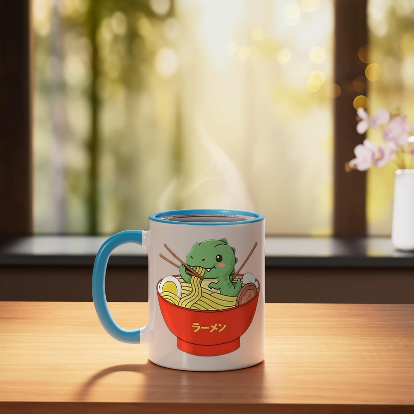 Taza de cerámica para ramen anime dinosaurio T-Rex azul/blanco