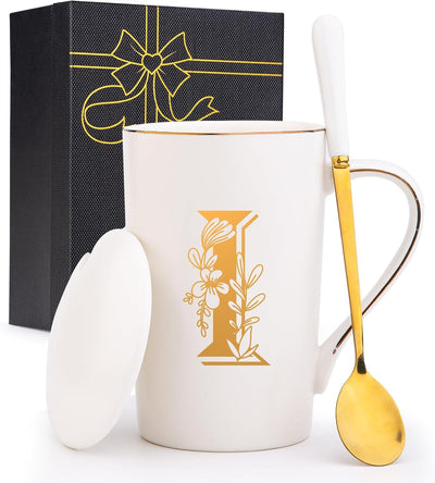 Taza café personalizada con letra I y flor para mujer