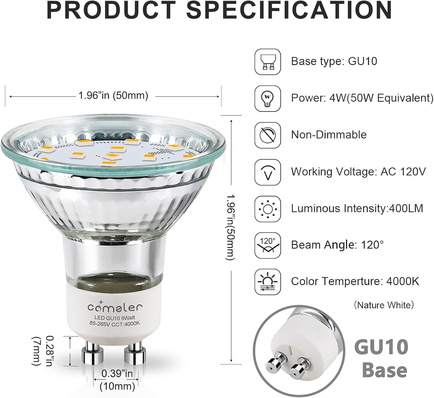 Bombilla LED GU10 4000K 4W equivalente a 50W riel empotrado